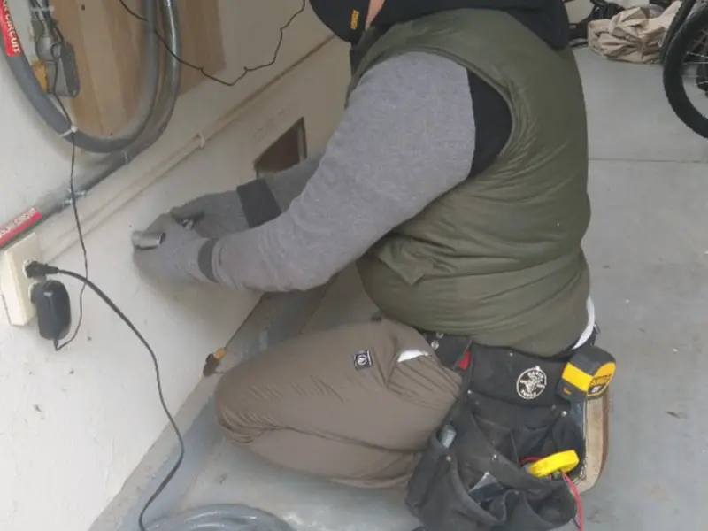 Electrician performing outlet wiring in a Richton Park garage